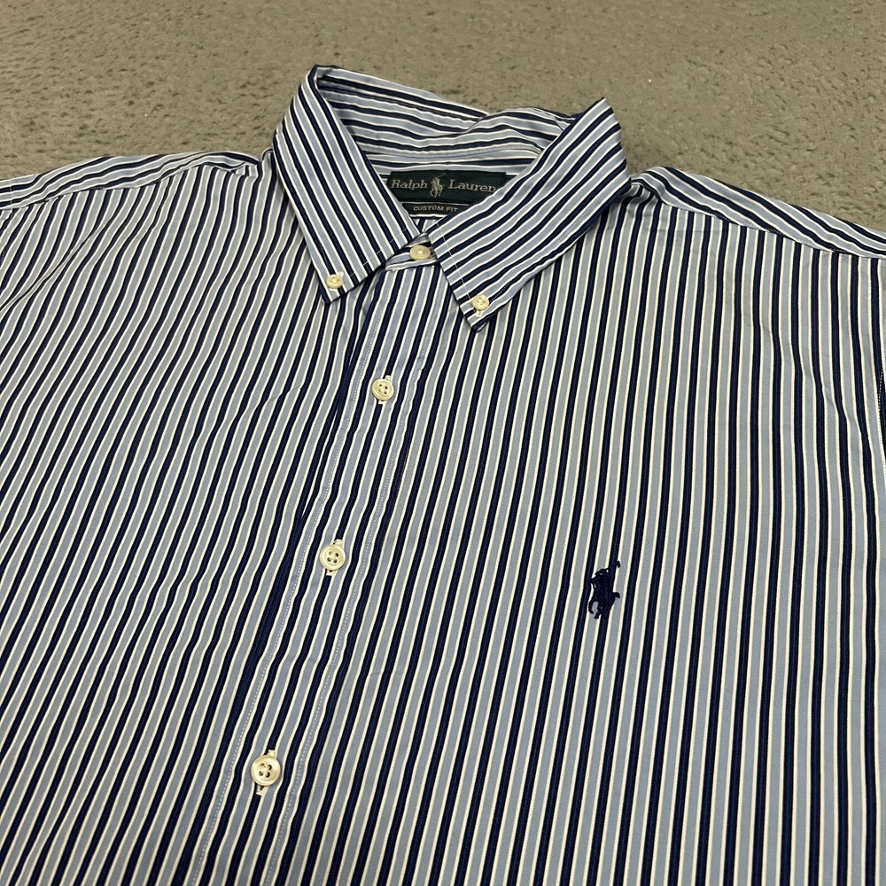 Vintage Ralph Lauren Shirt Mens 2XL XXL Blue Striped Custom Fit Pony Preppy